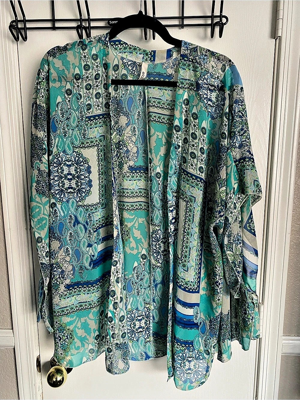 Elan Paisley Medallion Kimono Cardigan Chiffon Sheer Coverup Blue Green Womens